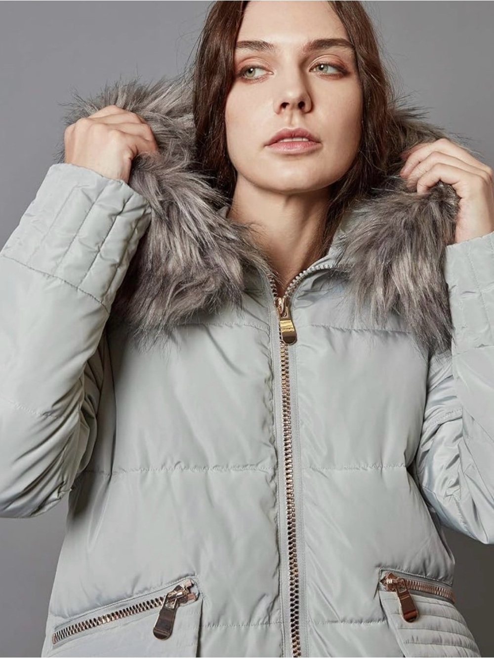 Women's Light Gray Faux Fur-Trim Parka Jacket